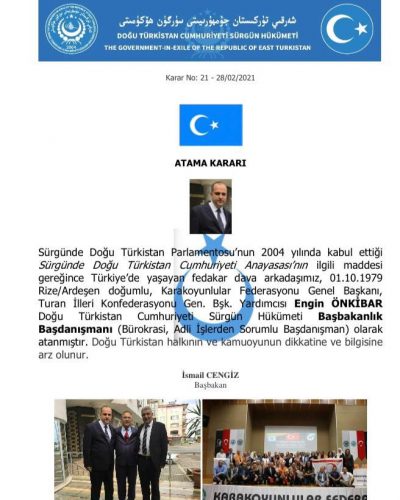 Doğu Türkistan Sürgün Hükümeti Baş Danışmanı Engin Önkibar 2021 de İstafa etmiş