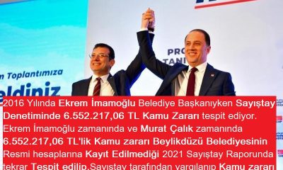 Beylikdüzü Belediyesinin 2016 yılında  Ekrem İmamoğlu döneminde 6.552.217,06 TL Kamu zararı olmuş