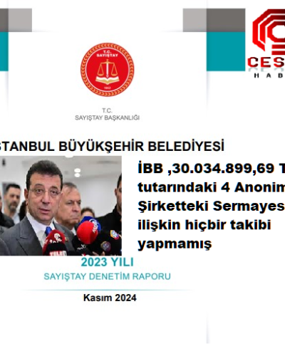 İBB ,30.034.899,69 TL tutarındaki 4 Anonim Şirketteki sermayesine ilişkin hiçbir takibi yapmamış